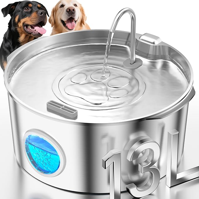 3.4Gal Dog Water Fountain for Large Dogs, Extra Large Stainless Steel Pet Water Fountain, Round Dog Water Bowl Dispenser with Metal Handle, Water Level Window, Supet Quiet Pump for Multi Pet Home-PawvioPets