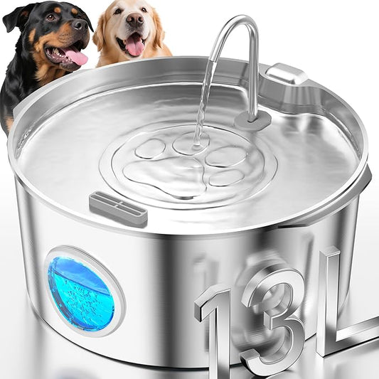 3.4Gal Dog Water Fountain for Large Dogs, Extra Large Stainless Steel Pet Water Fountain, Round Dog Water Bowl Dispenser with Metal Handle, Water Level Window, Supet Quiet Pump for Multi Pet Home-PawvioPets