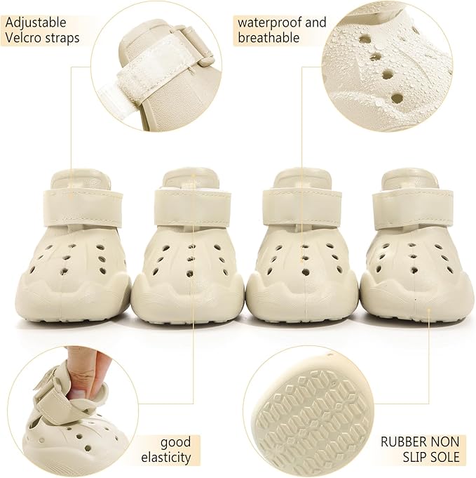 Dog Shoes, Dog Sandals for Hot Pavement, Non-Slip Waterproof Dog Booties for Winter Snowy Day and Summer, Adjustable Straps Easy-Clean Beach Outdoor Pet Boots Rugged Sole-4Pcs Beige-PawvioPets