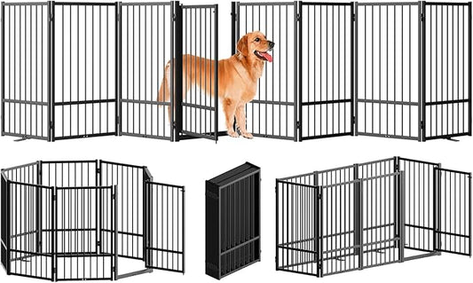 Full Metal Freestanding Dog Gate with Door, 32''Height Foldable Pet Dog Fence for Indoor & Outdoor, 8 Panels Extra Wide Free Standing TallDog Gates for Doorways,House,Stairs,Porch,Deck,Yard-PawvioPets