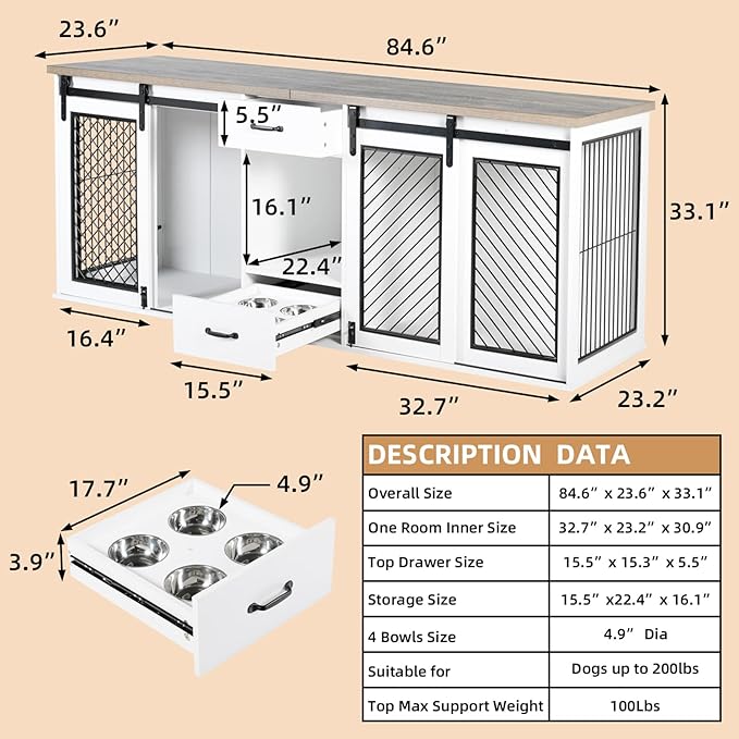 Extra Large Dog Crate Furniture, 85" Sliding Door Double Kennel for 2 Large Dogs Divided, Heavy Duty Wooden Dog Crate Kennel Furniture with 4 Dog Bowls and Drawer Indoor, White-PawvioPets