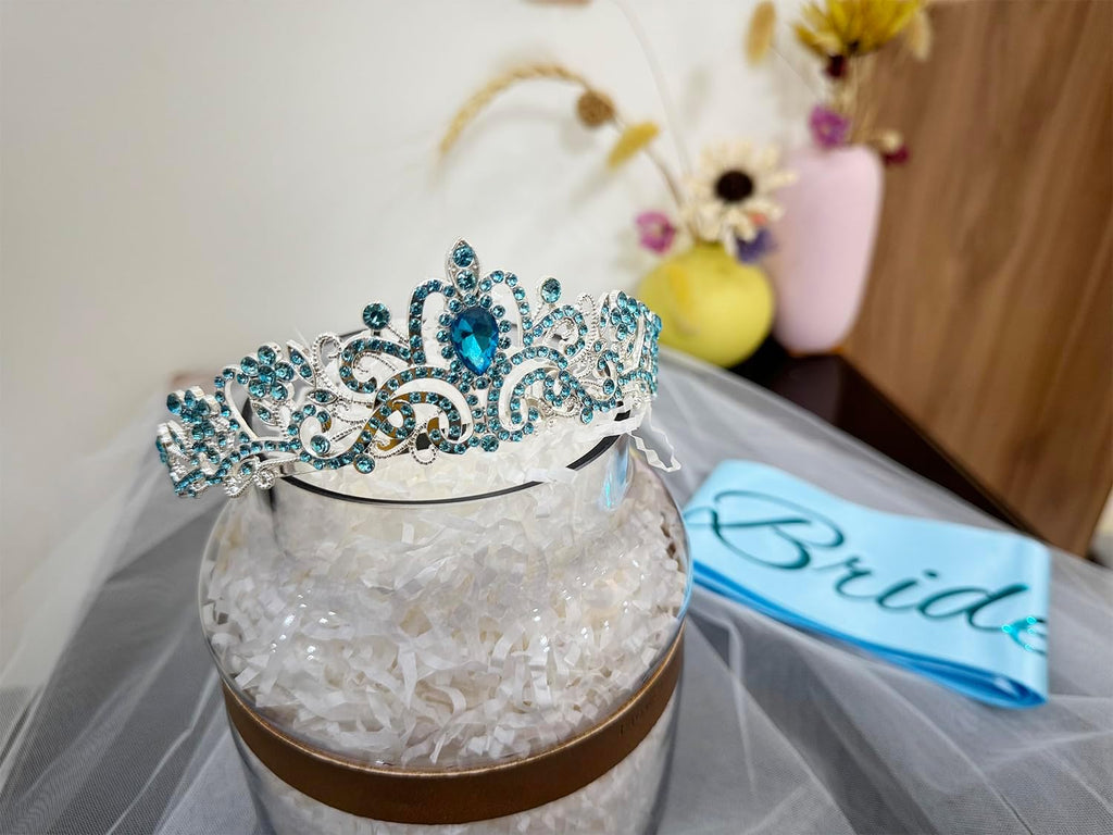 JETKONG 3 Pcs Bachelorette Party Decorations Bridal Shower Crown, Bride to Be Sash&Veil for Women Bachelorette Party Gifts, Bachelorette Party Supplies, Gifts, Favors (Blue)