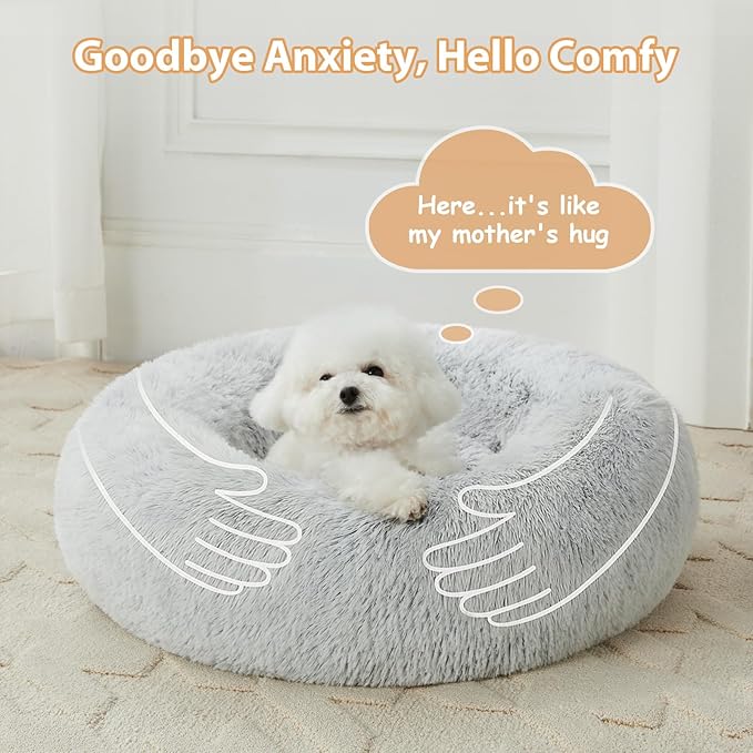 WNPETHOME Calming Dog Bed Cat Bed Donut, Faux Fur Pet Bed Self-Warming Donut Cuddler, Comfortable Round Plush Dog Beds-PawvioPets