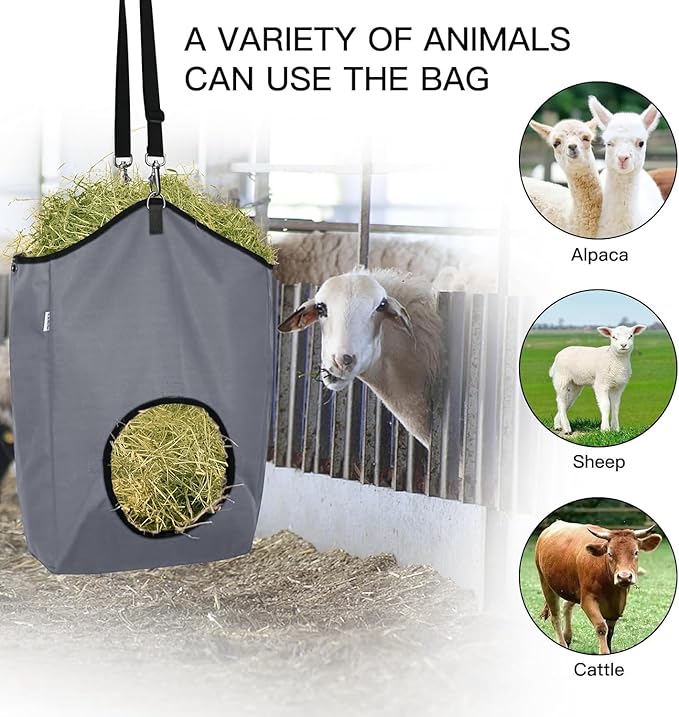 3 Packs Goat Hay Feeder,Hay Bags for Goats,Horses,Sheep,Premium 600D Oxford Cloth,with Metal Fastener and Adjustable Open Feed Hole for Slow Feeding. (1 Black+2Grey)-PawvioPets