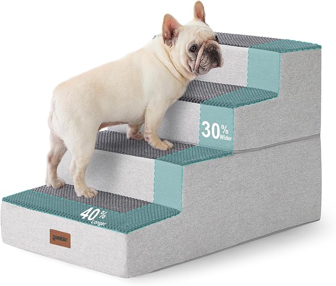 Dog Stairs for Large Dogs - Extra Wide Pet Stairs 2 in 1 with Zippers Suitable for Couch and Bed, Foam Dog Steps with Non Slip Bottom Grey 4 Steps, Grey-PawvioPets