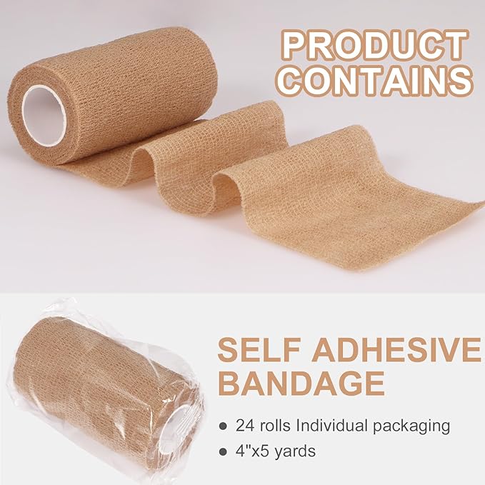 24 Pack Self Adhesive Bandage Wrap, 4” x 5 Yards Cohesive Medical Tape Elastic Wrap for Sports, Ankle, Wrist Sprains, Pet First Aid-PawvioPets