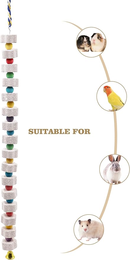 2 Pack 27 Inches Extra Long Bird Chewing Toy, Parrot Beak Grinding Calcium Stone with Bells, Bird Cage Accessories, Cage Toys for Cockatiel Parakeet Parrot Budgies Rat Hamster Rabbit African Grey-PawvioPets