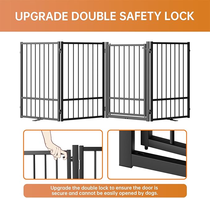 Full Metal Freestanding Dog Gate with Door, 32''Height Foldable Pet Dog Fence for Indoor & Outdoor, 4 Panels Extra Wide Free Standing TallDog Gates for Doorways,House,Stairs,Porch,Deck,Yard-PawvioPets