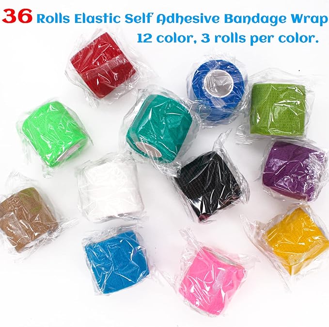 36 Rolls Elastic Self Adhesive Bandage Wrap 2 Inch, Breathable Non Woven Cohesive Bandage, Vet Wrap for Dogs, Ankle Sprains Swelling Medical First Aid Tape, Sports Athletic Tape Color-PawvioPets