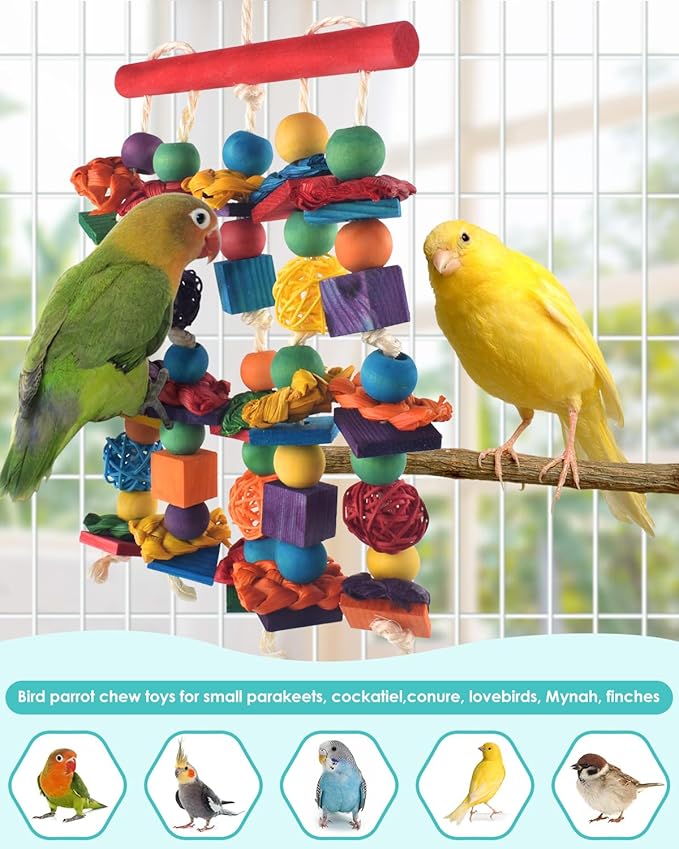 Bird Toys, 2PCS Parrot Foraging Hanging Toy, Multicolored Natural Wooden Blocks Parakeet Chewing Toys mit Rattan Wicker Balls, for Medium Small Cockatoos Budgie Lovebird Cockatiel Conure-PawvioPets