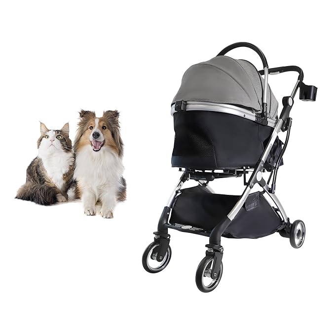Dog Stroller for Small Medium Dogs, 3 in 1 Folding Pet Stroller Up to 33 lbs, 4 Wheels Pet Strolling Cart with Zipperless Entry, Cat Dog Travel Carrier with Telescopic Handle and Storage Basket-PawvioPets
