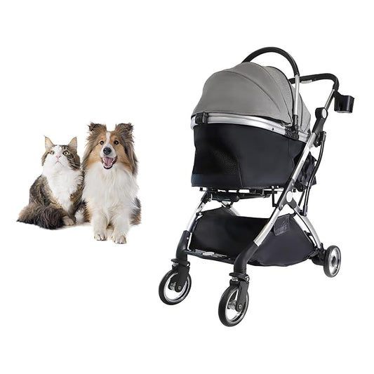 Dog Stroller for Small Medium Dogs, 3 in 1 Folding Pet Stroller Up to 33 lbs, 4 Wheels Pet Strolling Cart with Zipperless Entry, Cat Dog Travel Carrier with Telescopic Handle and Storage Basket-PawvioPets