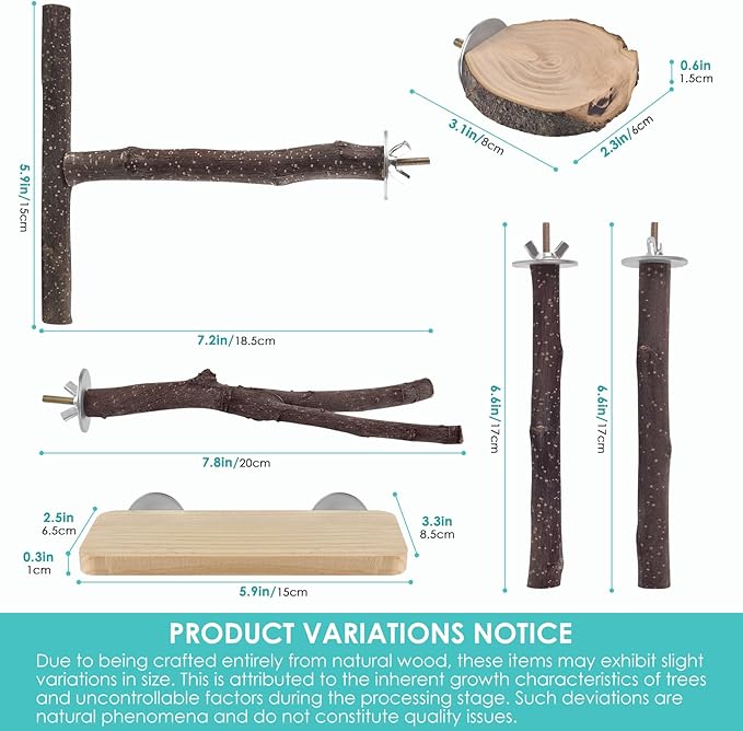 Bird Perches, 6 Pcs Natural Wood Parrot Perch Stand Chew Toys, Hanging Multi-Branch Parrot Perch Platform Swing Toy Cage Accessories for Small Parakeets, Budgies, Lovebirds, Canaries, Finches-PawvioPets