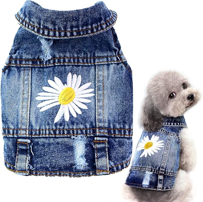 Dog Denim Jacket with Embroidered Daisy, Ripped Vintage Jean Vest for Small Dogs, Pugs, Chihuahuas, Spring Summer Autumn Festival Outfit-PawvioPets