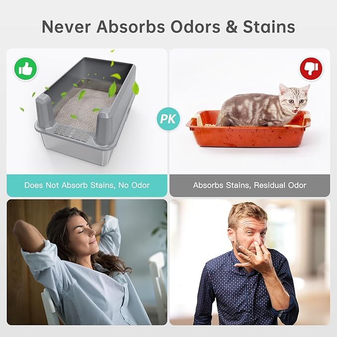 Enclosed Stainless Steel Cat Litter Box with Lid, XL Extra Large Litter Box for Big Cats, Metal Litter Pan High Sided, Never Absorbs Odors, Anti-Urine Leakage, Include Scoop (SH-Light Gray)-PawvioPets