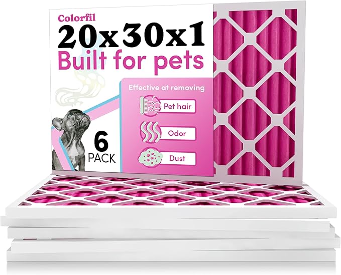 Colorfil 20x30x1 Air Filter (6-Pack) | Made in the USA | Color Changing | Remove Cat and Dog Odor | MERV 8 for Pet Hair Dander and Dust | 19.75"x29.75"x0.75" Exact Size-PawvioPets