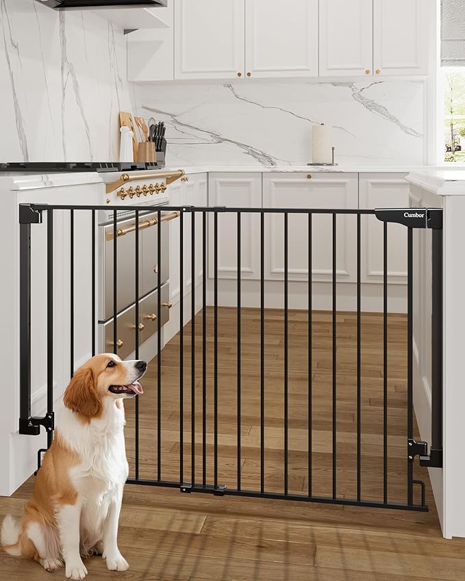 Cumbor 34" Extra Tall No Bottom Bar Baby Gate for Stairs, Auto Close Dog Gate Indoor for Larger Pets, 31.6-48" Hardware Mounted Safety Gate for Doorways, Wide Walk Thru Door for Easy Access (Black)-PawvioPets