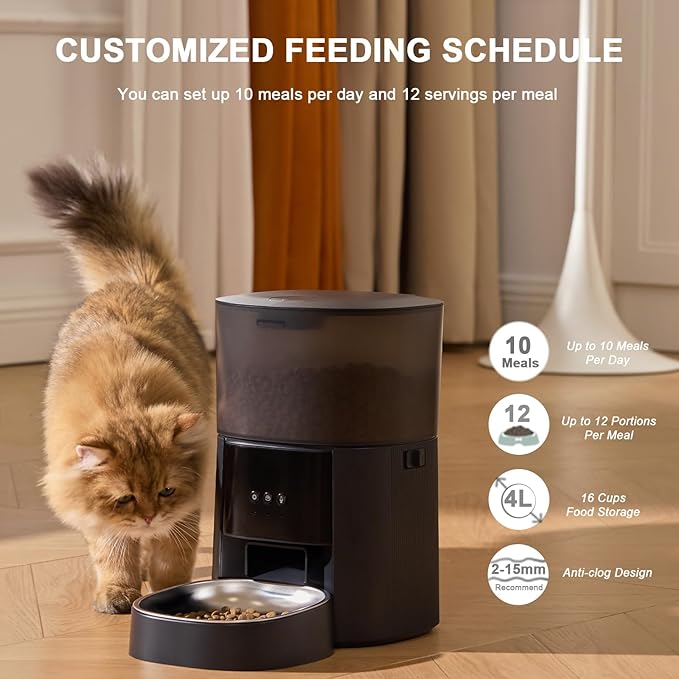 Automatic Cat Feeder WiFi with App Control, Voice Recorder, 4L Dry Pet Food Dispenser for Cats & Dogs with Freshness Preservation, Custom Feeding Times & Portions, Dual Power-PawvioPets
