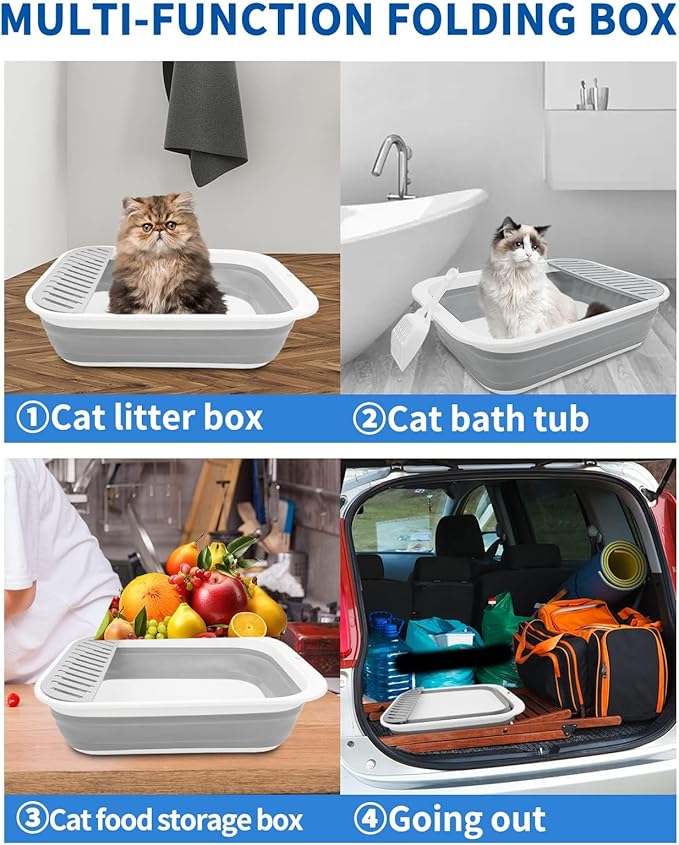 BNOSDM Collapsible Small Cat Litter Box for Kittens Open Potty Pan Foldable Cat Toilet with Scoop Senior Kitty Travel Shallow Litters Boxes Anti-Splash Waterproof Grey 17.7"×13.4"-PawvioPets