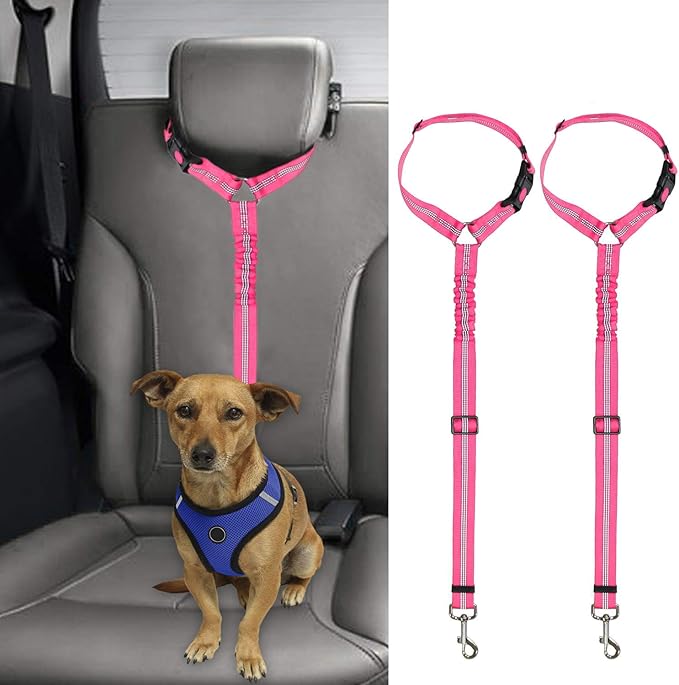 BWOGUE 2 Packs Dog Cat Safety Seat Belt Strap Car Headrest Restraint Adjustable Nylon Fabric Dog Restraints Vehicle Seatbelts Harness-PawvioPets