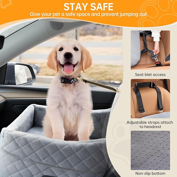 Dog Car Seats for Small Dogs, FurFrolic Memory Foam Dog Booster Seat for Small/Medium Dogs up to 35 lbs, Travel Pet Car Seat with Washable Detachable Cover, Storage Pockets, 2 Safety Belts (Gray)-PawvioPets