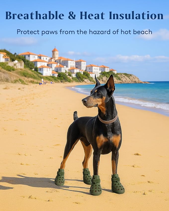 Dog Shoes for Hot Pavement, Breathable Dog Boots Paw Protectors with Adjustable Straps & Non-Slip Sole, Easy On & Off, Waterproof, Easy-Cleaning Silicone Outdoor Dog Booties for Beach and Snow-PawvioPets