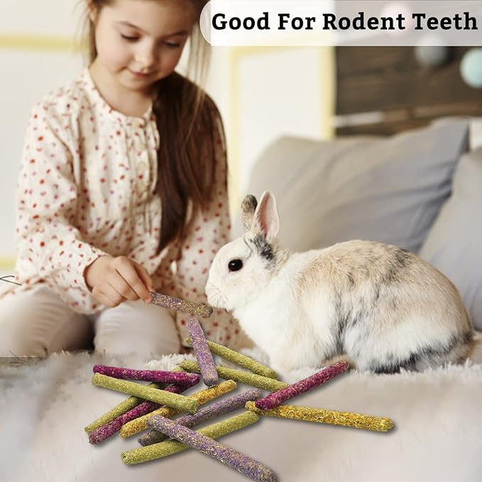 Fhiny 68 PCS Rabbit Chew Sticks, Natural Petals Timothy Hay Sticks Guinea Pig Chewing Toys for Teeth Small Animals Molar Snacks for Bunny Guinea Pig Chinchilla Hamster-PawvioPets