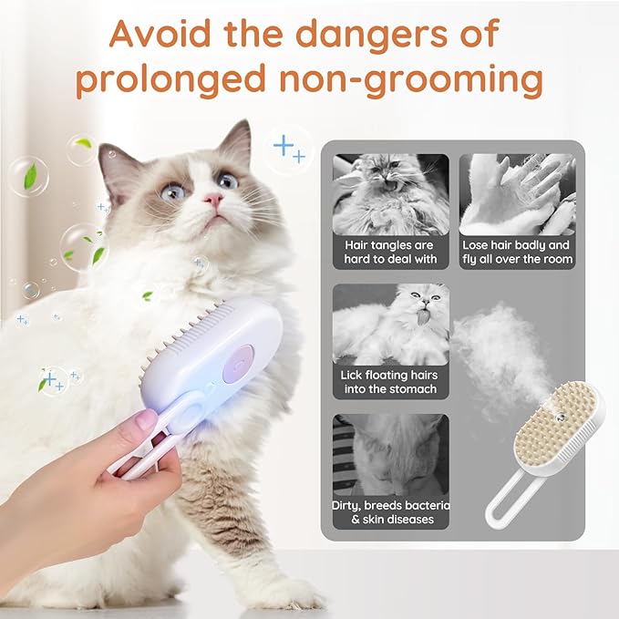 GKZ Cat Steam Brush, 3 in 1 Pet Comb for Massage, Cleaning, Shedding and Combing, Electric Mist to Prevent Flyaways for Home, Dogs and Cat Lovers - White-PawvioPets