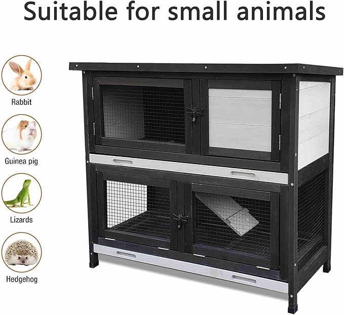 Double Level Solid Wood Rabbit Hutch Small Animal Cage for Rabbits, Guinea Pigs, Hedgehogs & Lizards Indoor/Outdoor– 2-Tier Eco-Friendly Habitat with Bedding Area, Durable & Easy to Clean-PawvioPets