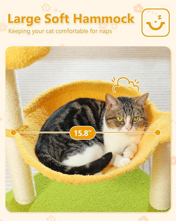28" Flower Cat Tree Cute with Flower Top Perch, Large Hammock for Indoor Small Cats, Small Cat Tower with Cute Scratching Post and Fur Toy Ball for Kittens, Yellow-PawvioPets