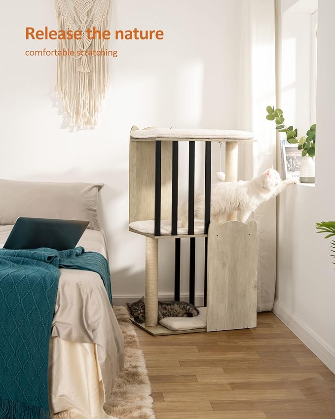 FourFurPets 43.8in 3-Tier Modern Cat Tree Tower Condo, Cat Scratch Posts for Indoor Cats, Big Plate, Two 19.7in Full Sisal Scratching Posts, Greige-PawvioPets