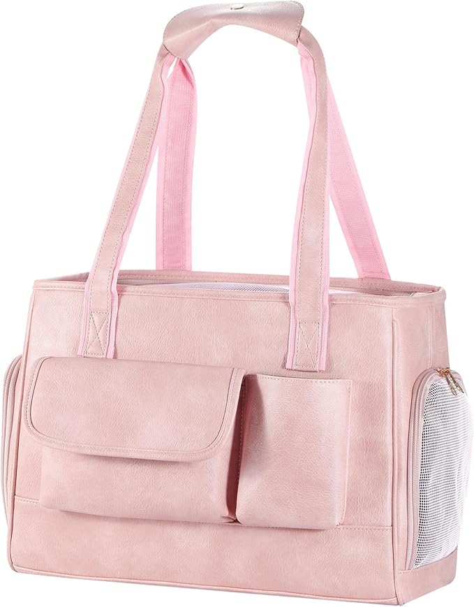 Dog Carrier Purse, Fashion Leather Pet Carrier Bag, Airline Approved Soft Sided Cat Travel Tote Bag with Pockets Pink-PawvioPets