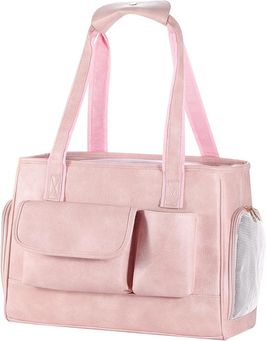 Dog Carrier Purse, Fashion Leather Pet Carrier Bag, Airline Approved Soft Sided Cat Travel Tote Bag with Pockets Pink-PawvioPets