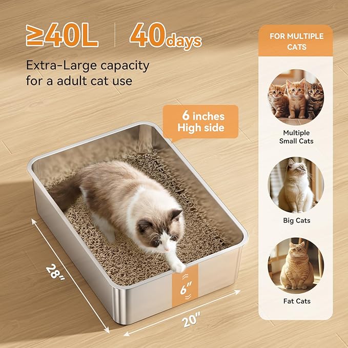 2 Pack Cat Pan Giant 28" Extra Large Stainless Steel Cat Litter Pan Metal Cat Litterbox for Big Cats and Multiple Cats, Anti-Leakage, Easy Cleaning-PawvioPets