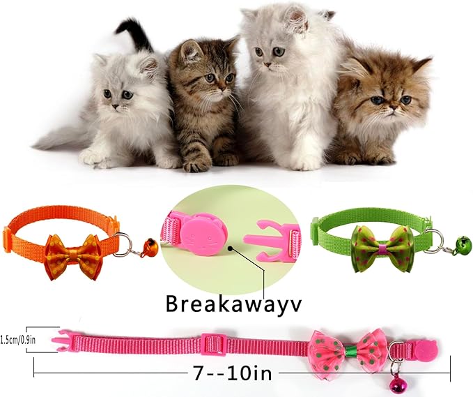 16 PCS Cute Cat Collars with Bells - Breakaway Collars for Girls & Small Kittens - Pink, Bowtie Design - Kitten Supplies-PawvioPets