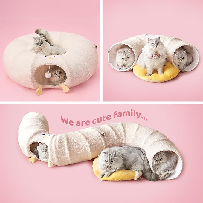 EHEYCIGA Cat Tunnel Bed for Indoor Cats, Cute Cat Donut Toy Tunnel for Small Large Cats with Washable Circle Cushion, Peekaboo Pet Cave Play Tunnel for Kitten, Puppy, Rabbit-PawvioPets