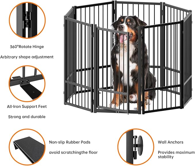 Full Metal Freestanding Dog Gate with Door, 32''Height Foldable Pet Dog Fence for Indoor & Outdoor, 8 Panels Extra Wide Free Standing TallDog Gates for Doorways,House,Stairs,Porch,Deck,Yard-PawvioPets