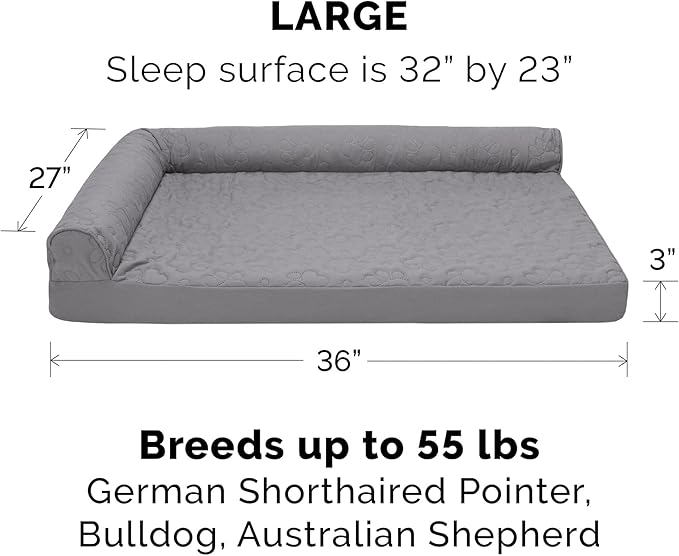 Furhaven Cooling Gel Dog Bed for Large/Medium Dogs w/ Removable Bolsters & Washable Cover, For Dogs Up to 55 lbs - Pinsonic Quilted Paw L Shaped Chaise - Titanium, Large-PawvioPets