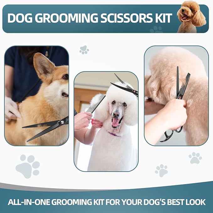 7.0" Professional Dog Grooming Scissors Kit – 3-Piece Set with Straight, Curved & Thinning Shears, Black Japanese Stainless Steel, Includes Grooming Comb for Dogs & Cats-PawvioPets