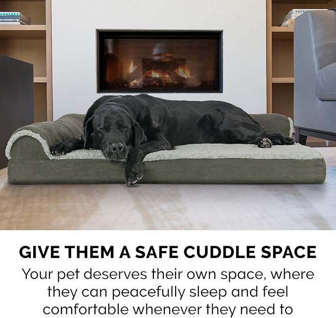 Furhaven Cooling Gel Dog Bed for Large/Medium Dogs w/ Removable Bolsters & Washable Cover, For Dogs Up to 55 lbs - Two-Tone Plush Faux Fur & Suede L Shaped Chaise - Dark Sage, Large-PawvioPets