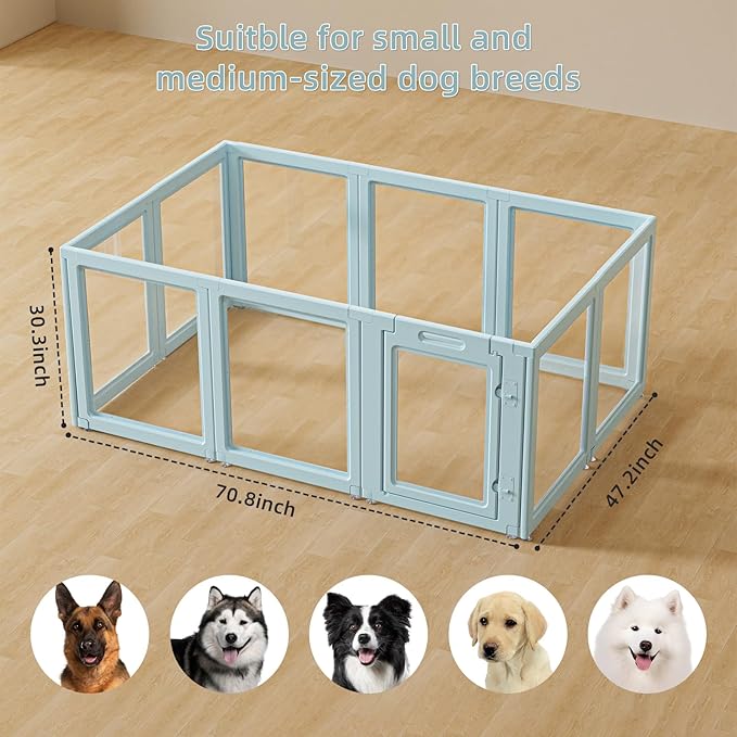 DIY Clear Acrylic Dog Playpen House,Quick Easy Assembly and Disassembly,Strong Floor Suction,Indoor and Outdoor Use,Easy Cleansing Puppy Fence (Sky Blue, 30.3" H, 10PCS)-PawvioPets
