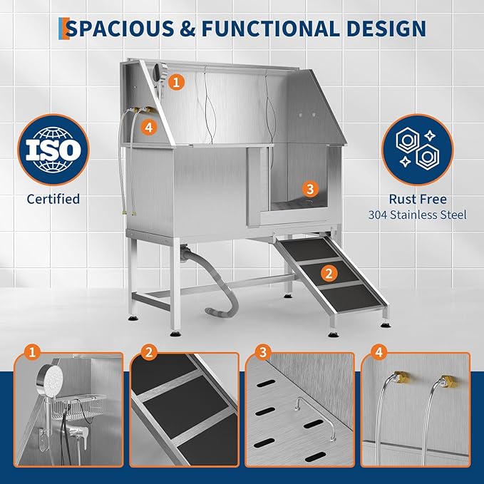 50" Stainless Steel Professional Dog Washing Station - Pet Bathing Tub w/Non-Slip Ramps | Slip-Resistant Floor Grate | for Large/Medium/Small Dogs-PawvioPets