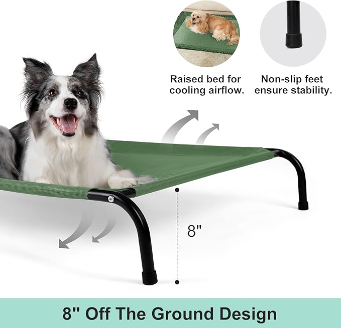 Cooling Elevated Dog Bed with Non-Slip Floor Protectors & Breathable Mesh, Raised Indoor & Outdoor Dog Cot Hammock, 41" L x 32" W x 8" Th, Medium, Green-PawvioPets