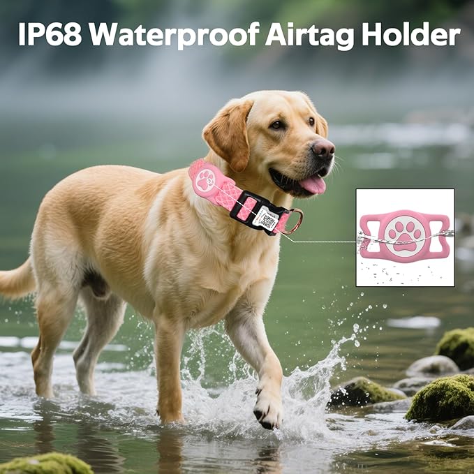 Dog Collar with Waterproof AirTag Holder & Anti-Lost QR Code, Cute Bling Warpping Adjustable Width for Small Medium Large Pet (Red, M)-PawvioPets