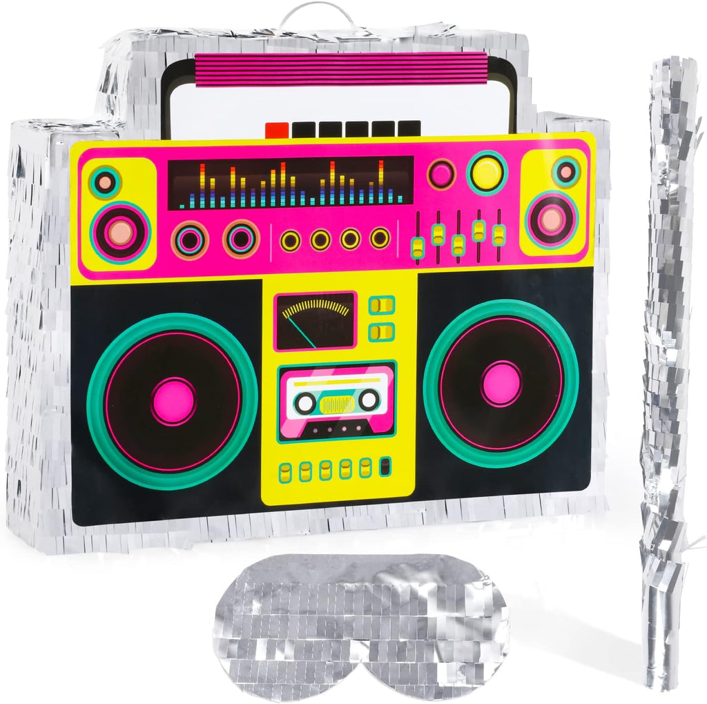 Boombox Pinata with Stick & Hanging Loop Retro 90s Hip Hop Mexican Pinata Game for Back to the 80s Party Nostalgia Large Radio Gifts 70' Theme Birthday Party Decorations Supplies