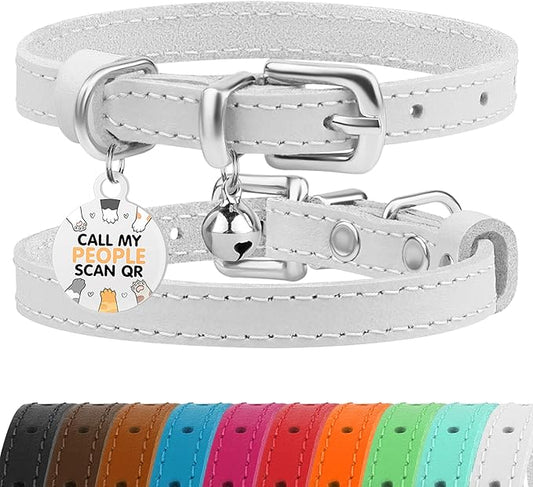 BRONZEDOG Leather Cat Collar with Removable Bells Non Breakaway Kitten QR Tag for Girl Boy (7" - 9" for Cats, White & Silver)-PawvioPets