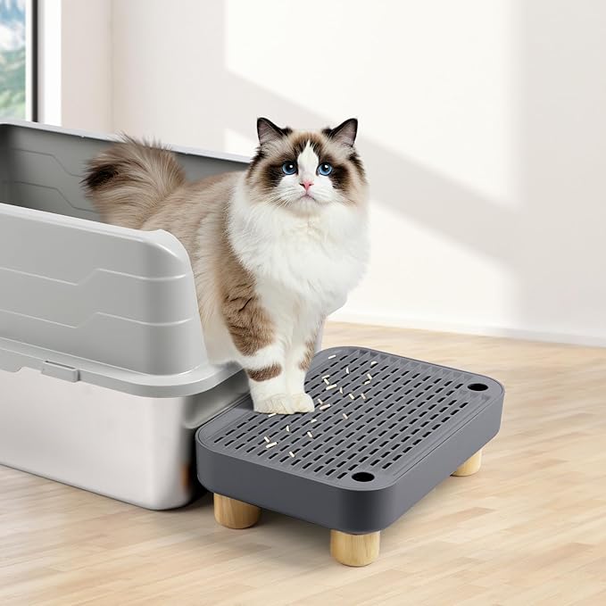 Cat Litter Box Step Ramp, Cat Litter Catcher Mat with Wooden Feet, Filter Function, Cat Pedal Stool for Self-Cleaning Cat Litter Box, Ideal for Kitten & Elderly Cats (Dark Grey)-PawvioPets