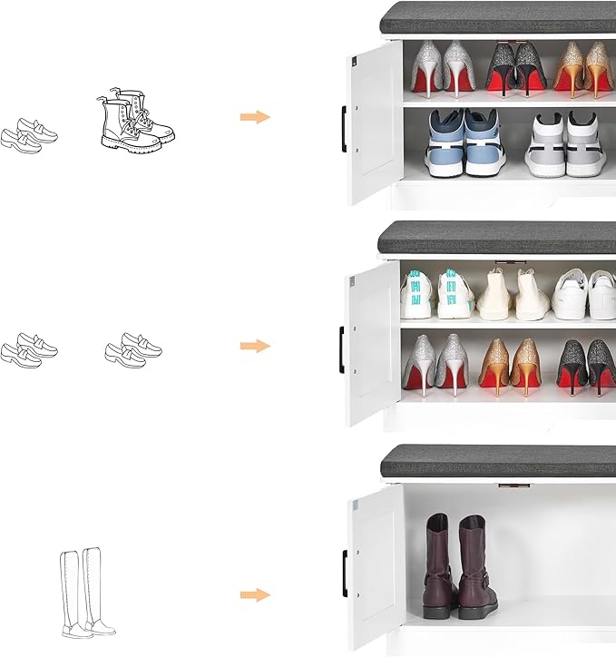 2-Tier Storage Bench, Shoe Bench with Padded Seat Cushion, Entryway Bench with 4 Barn Doors, Adjustable Shelf, 13.8" D x 47.2" W x 17.7" H, for Entryway, Living Room, Bedroom, White-PawvioPets