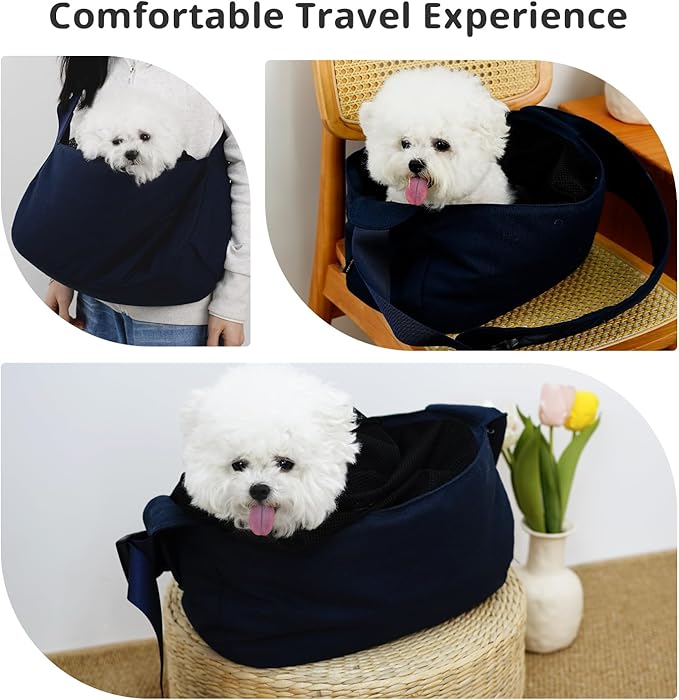 Dog Sling Carrier for Small Dogs and Cats, Lightweight Collapsible Pet Travel Bag with Adjustable Strap, Side Pockets & Breathable Mesh (Navy Blue, 15.7" L x 5.9" W x 8.6" H)-PawvioPets
