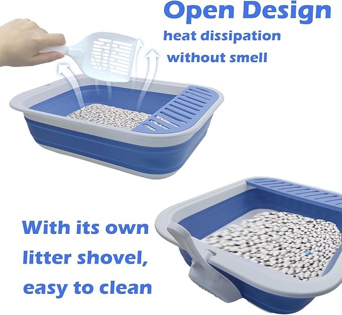 Collapsible Small Cat Litter Box,Open Top Cats Litter Pan with Scoop Foldable Shallow Kitten Potty Toilet Waterproof Cat Travel Litterbox Anti-Splashing Low Entry Semi-Enclosed Easy Clean(Blue)-PawvioPets